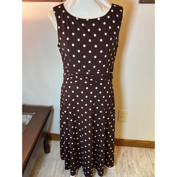 Y2K Jessica Howard Dress Brown White Polka Dot Sleeveless Midi Career Casual - Picture 14 of 16